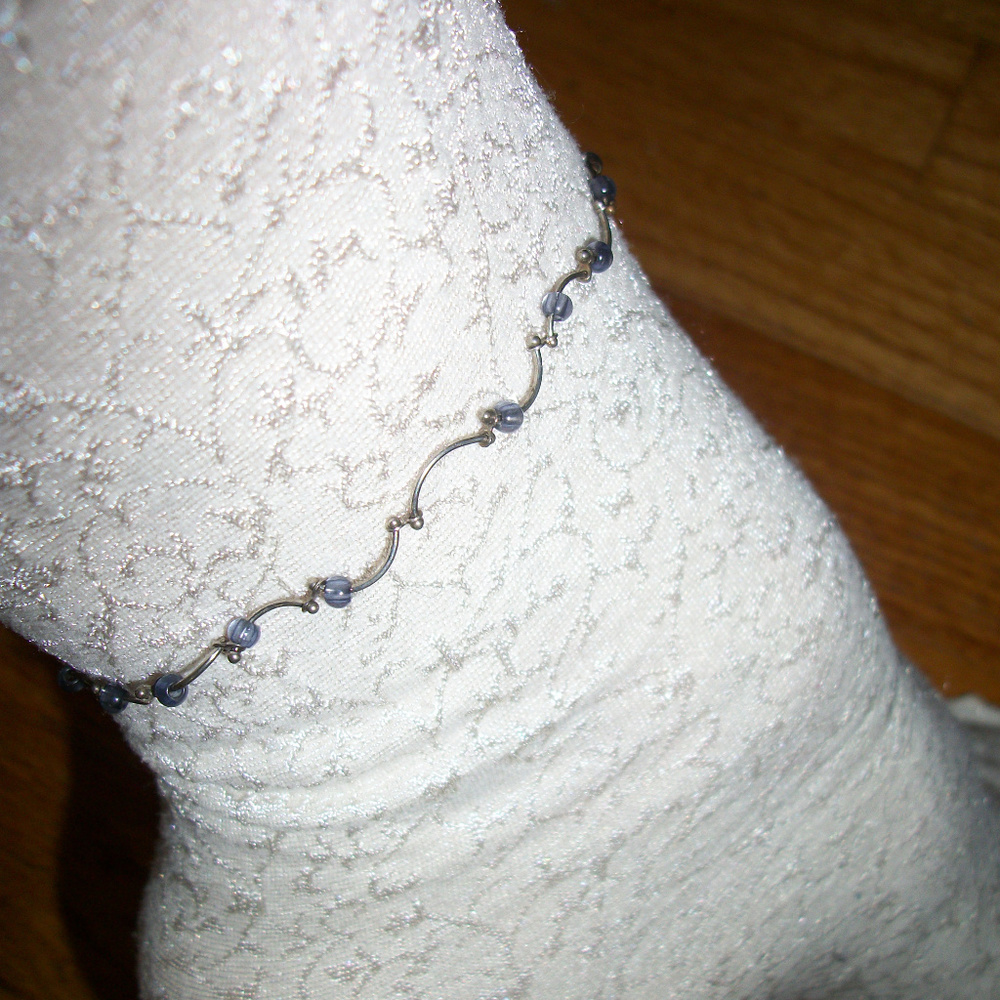 Vintage silver w blue beads ankle bracelet 8"